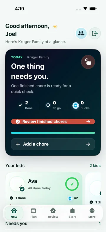 Parent view showing a completed chore ready for approval