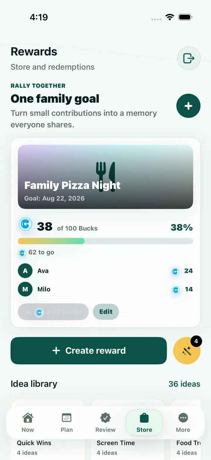 Parent reward editor with custom family rewards